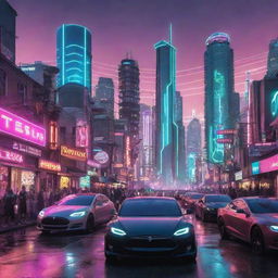 Capture a day in an electropunk society, featuring a neon-filled, futuristic city powered by electricity with citizens in electro-futuristic attire, streets bustling with electric-powered vehicles, buildings dotted with Tesla coils, and wires crisscrossing the skyline.