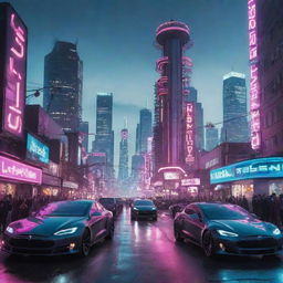 Capture a day in an electropunk society, featuring a neon-filled, futuristic city powered by electricity with citizens in electro-futuristic attire, streets bustling with electric-powered vehicles, buildings dotted with Tesla coils, and wires crisscrossing the skyline.