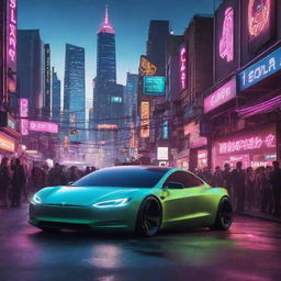 Capture a day in an electropunk society, featuring a neon-filled, futuristic city powered by electricity with citizens in electro-futuristic attire, streets bustling with electric-powered vehicles, buildings dotted with Tesla coils, and wires crisscrossing the skyline.