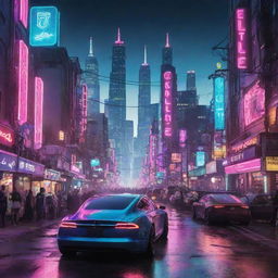 Capture a day in an electropunk society, featuring a neon-filled, futuristic city powered by electricity with citizens in electro-futuristic attire, streets bustling with electric-powered vehicles, buildings dotted with Tesla coils, and wires crisscrossing the skyline.