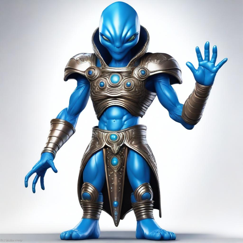 Draw a friendly alien who stands 8 feet tall with a striking blue skin color