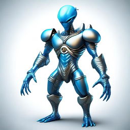 Draw a friendly alien who stands 8 feet tall with a striking blue skin color