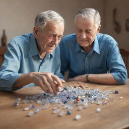 3D rendering of an elderly man sitting at a table with his son, scattered across the table are various glistening, precious stones.