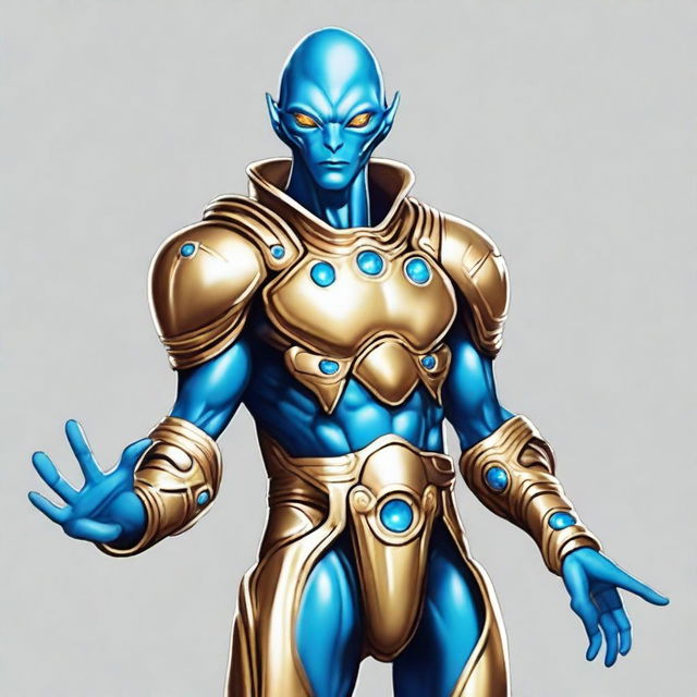 Draw a friendly, handsome alien who stands 8 feet tall with blue skin