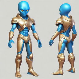 Draw a friendly, handsome alien who stands 8 feet tall with blue skin