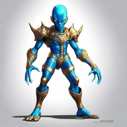 Draw a friendly, handsome alien who stands 8 feet tall with blue skin