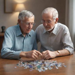 3D rendering of an elderly man sitting at a table with his son, scattered across the table are various glistening, precious stones.