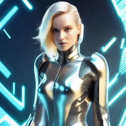 Generate an image of a blonde woman dressed in a futuristic cyber suit