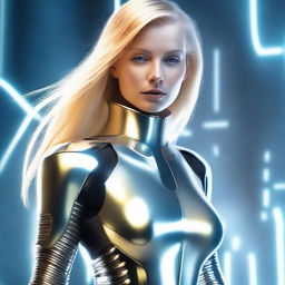 Generate an image of a blonde woman dressed in a futuristic cyber suit