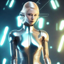 Generate an image of a blonde woman dressed in a futuristic cyber suit