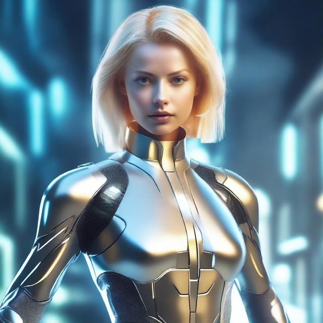 Generate an image of a blonde woman dressed in a futuristic cyber suit