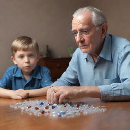 3D rendering of an elderly man sitting at a table with his son, scattered across the table are various glistening, precious stones.