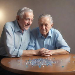 3D rendering of an elderly man sitting at a table with his son, scattered across the table are various glistening, precious stones.