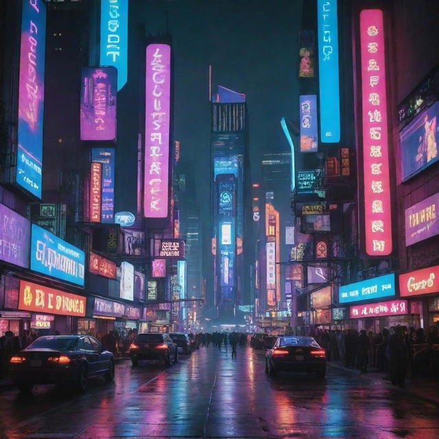 Show a day in a cyberpunk city, alive with neon lights and towering skyscrapers. Streets teeming with people in high-tech apparel, augmented with cybernetic implants, amidst automated vehicles, drones, and a network of holographic advertisements.