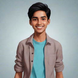 Illustrate a young Indian male teenager named Ravi Singh, a character from 'A Good Girl's Guide to Murder'. He has a warm smile, intelligent eyes and is wearing casual, teen-friendly clothes.