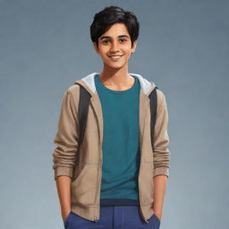 Illustrate a young Indian male teenager named Ravi Singh, a character from 'A Good Girl's Guide to Murder'. He has a warm smile, intelligent eyes and is wearing casual, teen-friendly clothes.