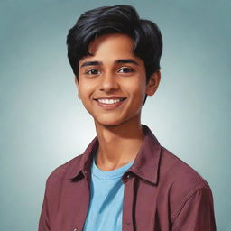 Illustrate a young Indian male teenager named Ravi Singh, a character from 'A Good Girl's Guide to Murder'. He has a warm smile, intelligent eyes and is wearing casual, teen-friendly clothes.