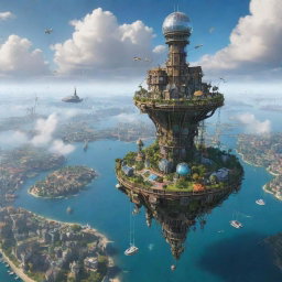 Imagine daily life in an airpunk world with floating islands, airborne ships, wind turbines powering cities, and inhabitants navigating with personal flight apparatuses against a backdrop of cloud-dappled skies and towering windmills.