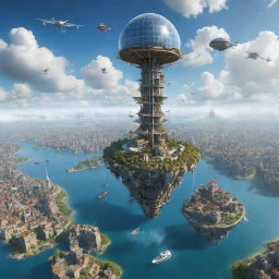 Imagine daily life in an airpunk world with floating islands, airborne ships, wind turbines powering cities, and inhabitants navigating with personal flight apparatuses against a backdrop of cloud-dappled skies and towering windmills.