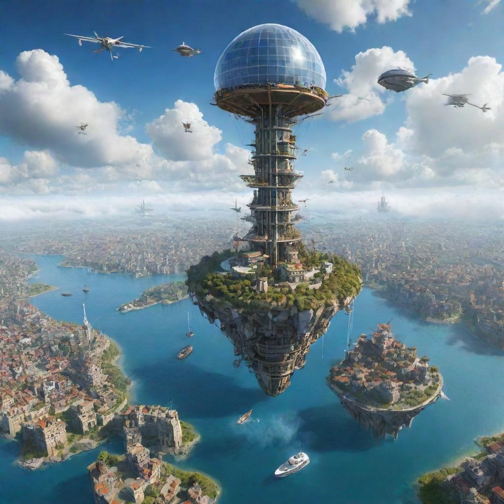 Imagine daily life in an airpunk world with floating islands, airborne ships, wind turbines powering cities, and inhabitants navigating with personal flight apparatuses against a backdrop of cloud-dappled skies and towering windmills.
