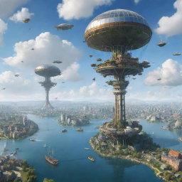 Imagine daily life in an airpunk world with floating islands, airborne ships, wind turbines powering cities, and inhabitants navigating with personal flight apparatuses against a backdrop of cloud-dappled skies and towering windmills.