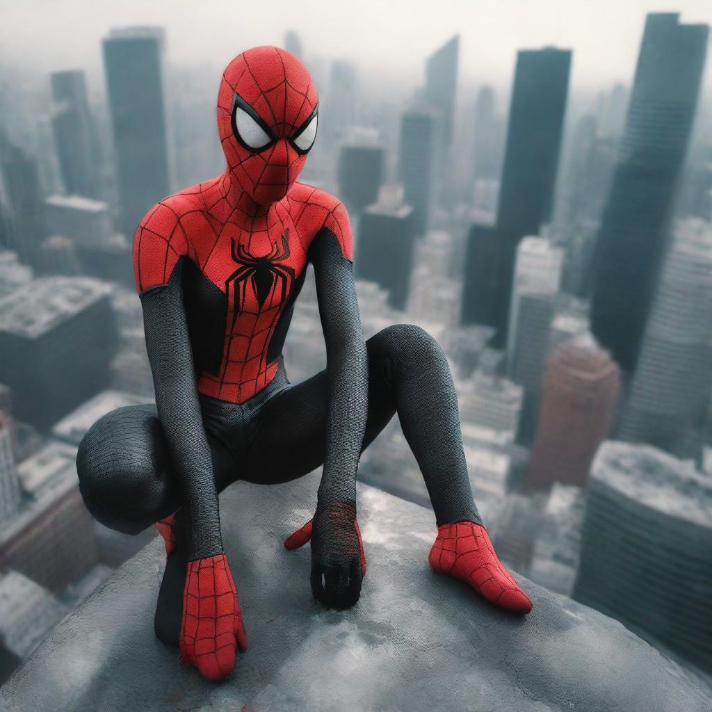 Generate a super detailed, realistic image of a girl in a Spider-Man suit with a red and black color scheme