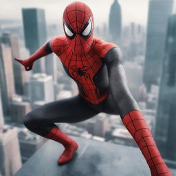 Generate a super detailed, realistic image of a girl in a Spider-Man suit with a red and black color scheme