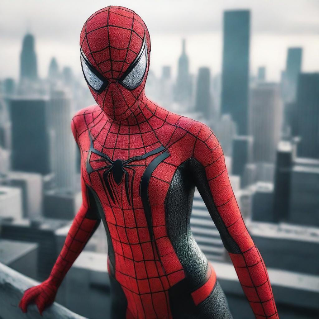 Generate a super detailed, realistic image of a girl in a Spider-Man suit with a red and black color scheme