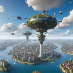 Imagine daily life in an airpunk world with floating islands, airborne ships, wind turbines powering cities, and inhabitants navigating with personal flight apparatuses against a backdrop of cloud-dappled skies and towering windmills.