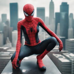 Generate a super detailed, realistic image of a girl in a Spider-Man suit with a red and black color scheme