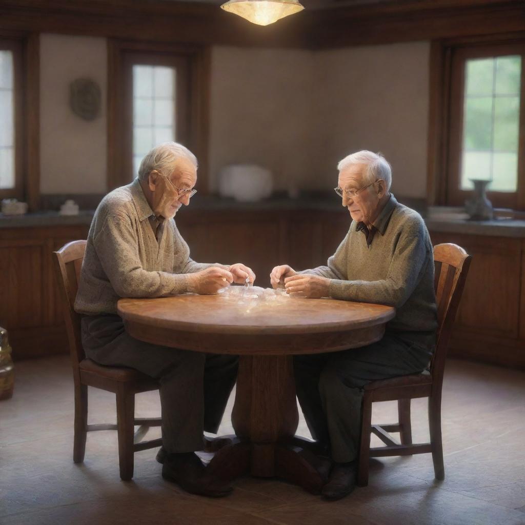 Animated 3D scene of an elderly man sitting with his son at a table, in the center of which is a singular, radiant precious stone.