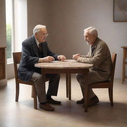 Animated 3D scene of an elderly man sitting with his son at a table, in the center of which is a singular, radiant precious stone.