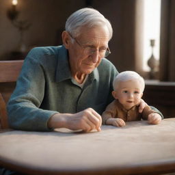 Animated 3D scene of an elderly man sitting with his son at a table, in the center of which is a singular, radiant precious stone.