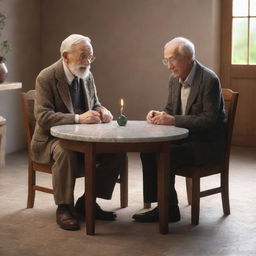 Animated 3D scene of an elderly man sitting with his son at a table, in the center of which is a singular, radiant precious stone.