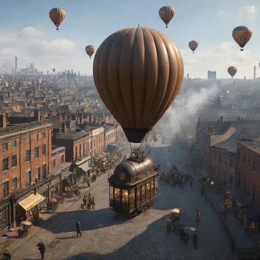 Visualize a day in a gaspunk environment with early 19th-century style, balloon-driven transport, gas-lit industries, inhabitants in period attire, amidst a cityscape dominated by gasworks buildings, and gas lantern illuminated streets.