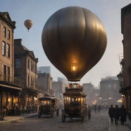 Visualize a day in a gaspunk environment with early 19th-century style, balloon-driven transport, gas-lit industries, inhabitants in period attire, amidst a cityscape dominated by gasworks buildings, and gas lantern illuminated streets.