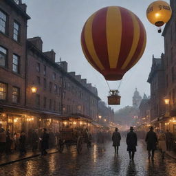 Visualize a day in a gaspunk environment with early 19th-century style, balloon-driven transport, gas-lit industries, inhabitants in period attire, amidst a cityscape dominated by gasworks buildings, and gas lantern illuminated streets.