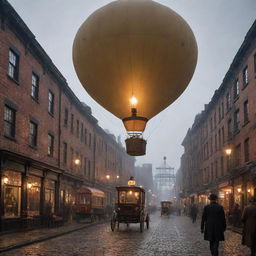 Visualize a day in a gaspunk environment with early 19th-century style, balloon-driven transport, gas-lit industries, inhabitants in period attire, amidst a cityscape dominated by gasworks buildings, and gas lantern illuminated streets.