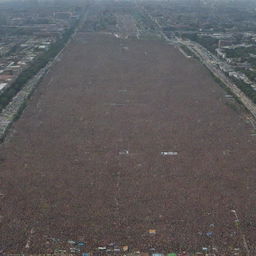 Aerial view of a massive gathering of 500,000 people, showcasing the scale and density of the crowd.