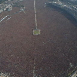 Aerial view of a massive gathering of 500,000 people, showcasing the scale and density of the crowd.