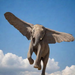 An elephant with large wings gracefully soaring through the sky