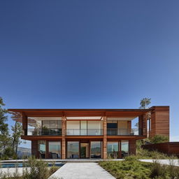 A finely constructed house with distinct architectural features, sitting peacefully under a clear blue sky