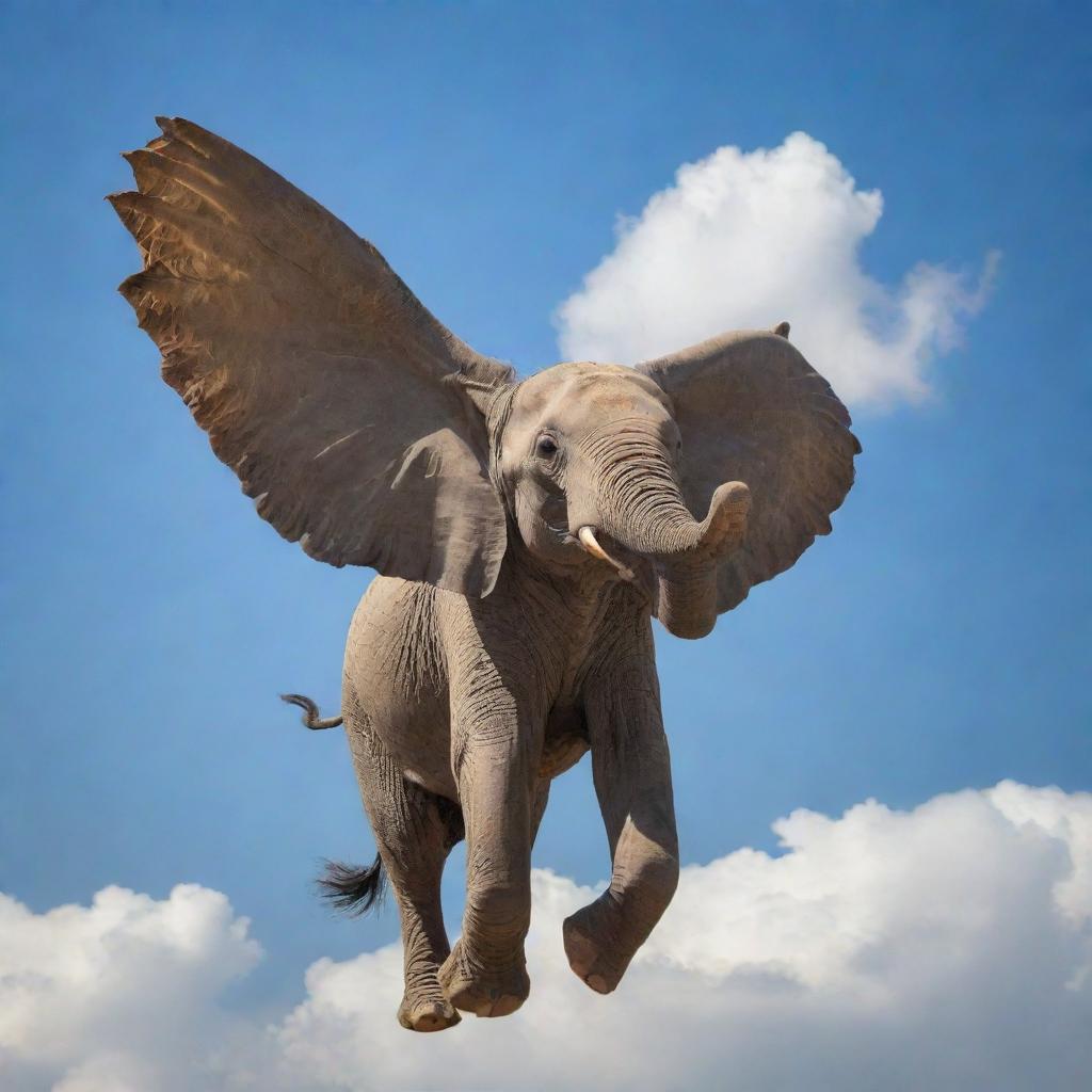 An elephant with large wings gracefully soaring through the sky