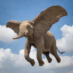 An elephant with large wings gracefully soaring through the sky