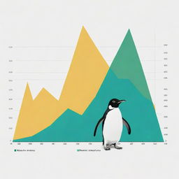 A penguin holding a line chart with distinct peaks and valleys. The chart should be colored in shades of green and blue, while the penguin appears in vibrant hues of black, white, and yellow.