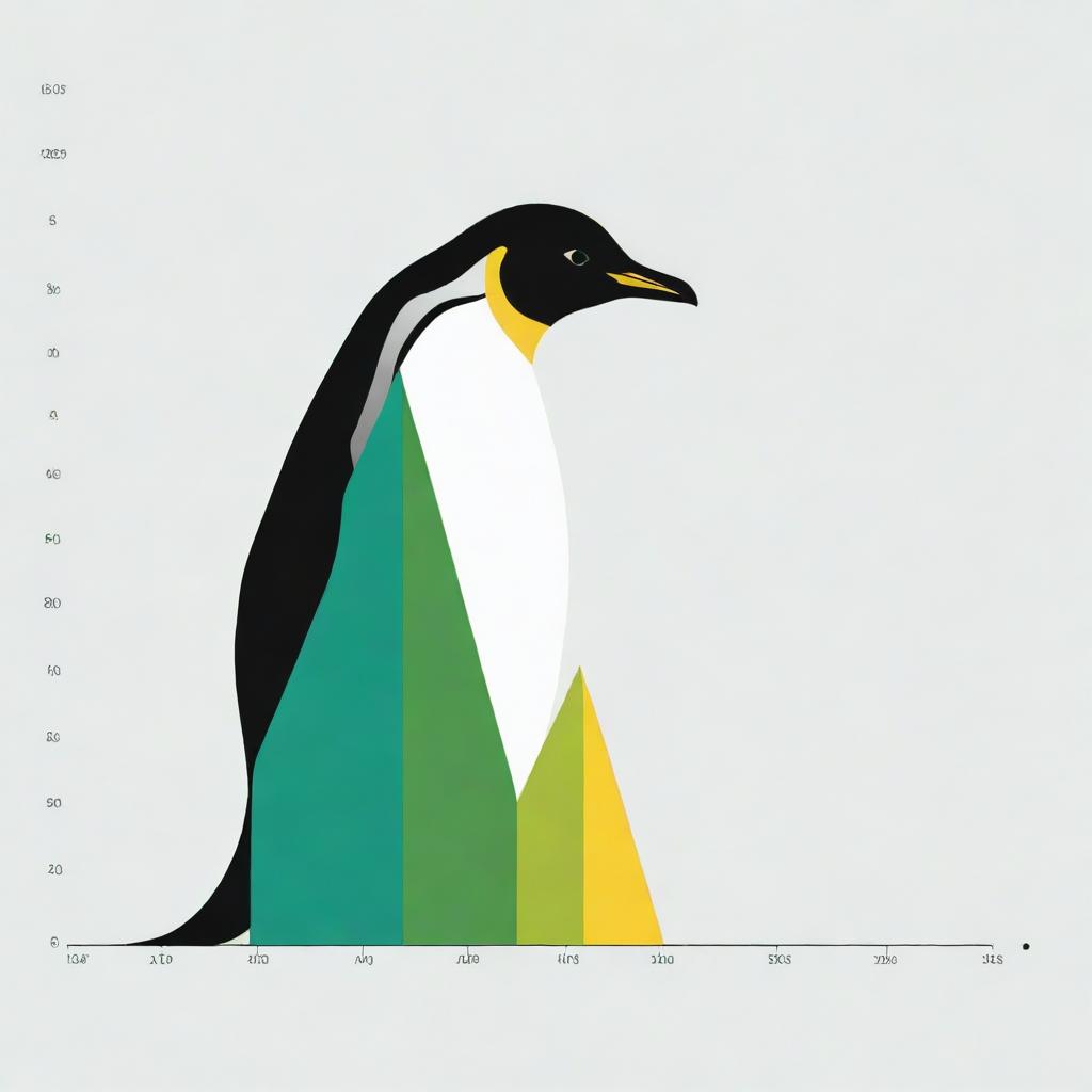 A penguin holding a line chart with distinct peaks and valleys. The chart should be colored in shades of green and blue, while the penguin appears in vibrant hues of black, white, and yellow.