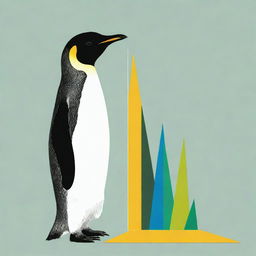 A penguin holding a line chart with distinct peaks and valleys. The chart should be colored in shades of green and blue, while the penguin appears in vibrant hues of black, white, and yellow.