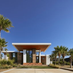 A finely constructed house with distinct architectural features, sitting peacefully under a clear blue sky