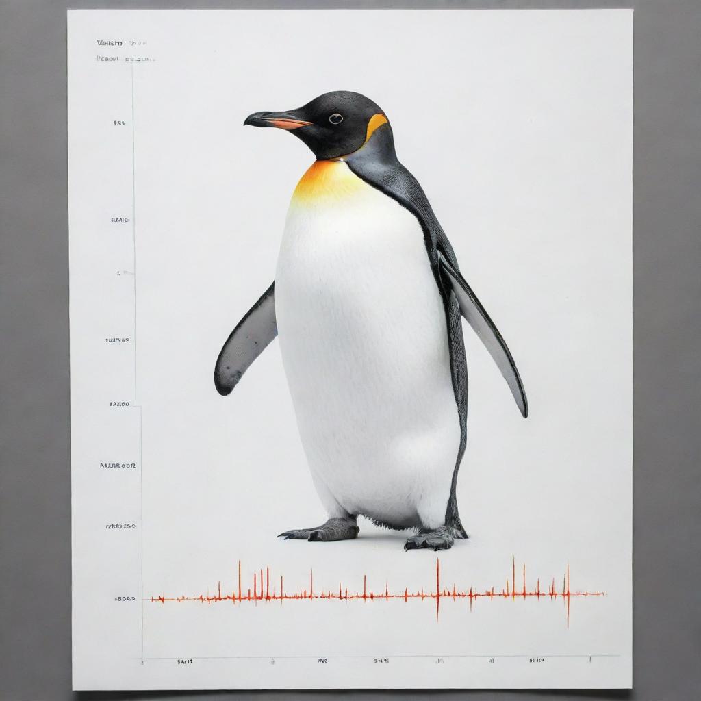 A chart holding a line chart, clearly marked and easily readable. The penguin is illustrated in great detail with realistic features and texture. The line chart has various points in different colors indicating fluctuations.