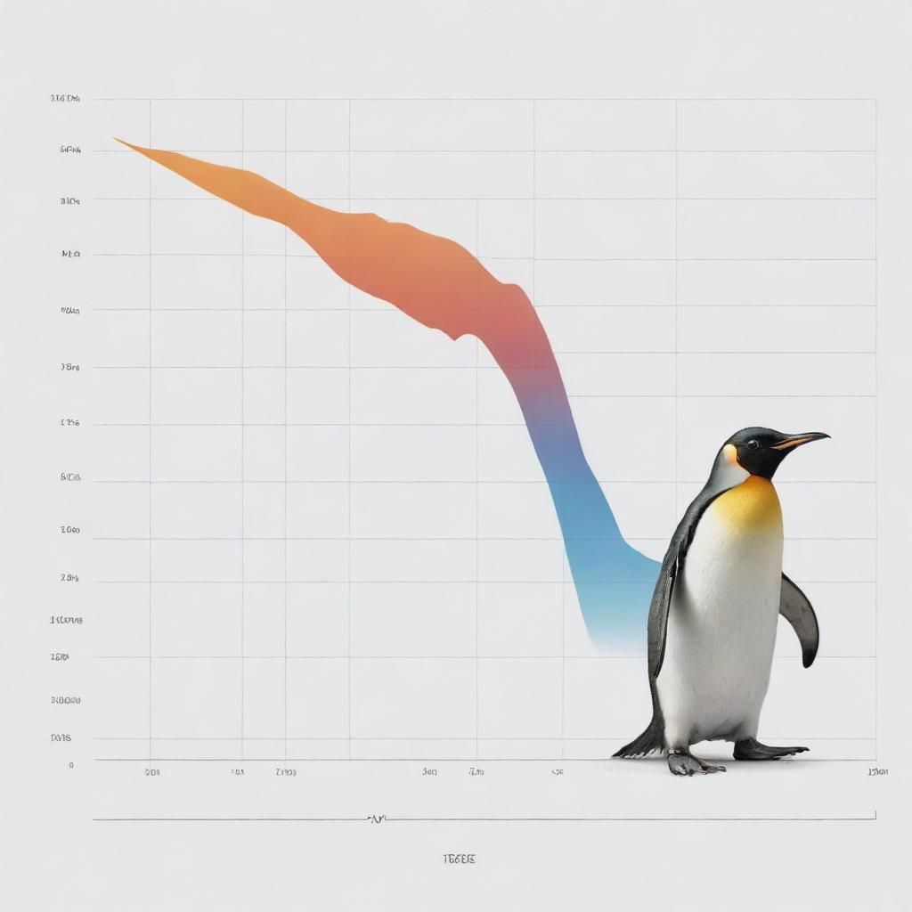 A chart holding a line chart, clearly marked and easily readable. The penguin is illustrated in great detail with realistic features and texture. The line chart has various points in different colors indicating fluctuations.